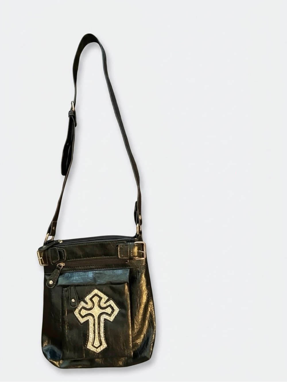 Hananel Black Cross-Embellished Leather Crossbody Bag - Purse Bling Bling